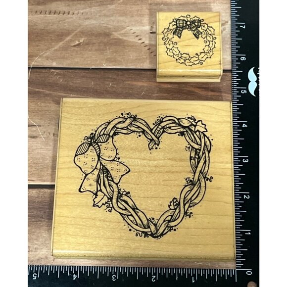 DOTS JRL DESIGN GRAPEVINE & HOLLY BERRY WREATH WOOD MOUNT RUBBER STAMP SET OF 2 - Picture 2 of 7